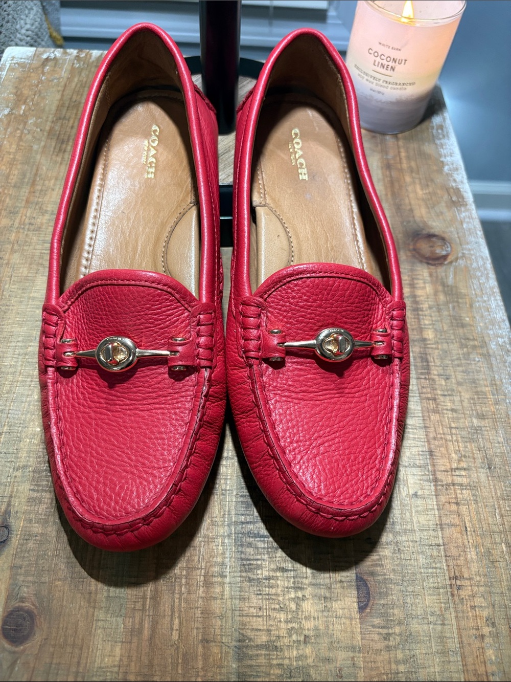 Coach Red Pebbled Leather Moccasin Loafers with Gold-Tone Hardware
